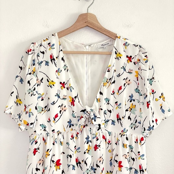 Madewell Tie Front Mini Dress Drifting Flowers Tossed Floral Antique Cream 12 - Picture 7 of 16